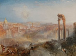 Pintura mostrando uma parte histórica da cidade de Roma com animais e pessoas