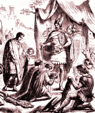 Ilustra&ccedil;&atilde;o mostrando o imperador romano R&ocirc;mulo Augusto abdicando ao poder em nome de Odoacro