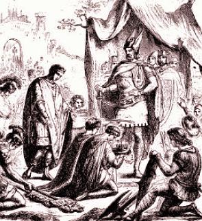 Gravura mostrando o imperador romano Rômulo Augusto e Odoacro
