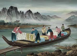 Imagem mostrando comerciantes chineses colocando tecidos num barco