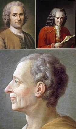 Imagem formada pelos retratos de Rousseau, Voltaire e Montesquieu