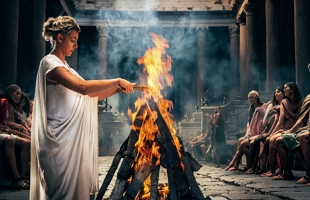 Ilustração de uma sacerdotisa romana acendendo fogo num templo da Roma Antiga