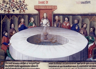 Pintura medieval mostrando o Santo Graal na frente dos cavaleiros da T&aacute;vola Redonda