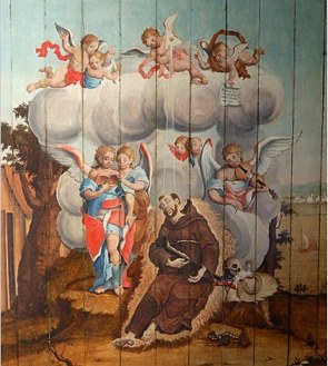 Pintura mostrando S&atilde;o Francisco e anjos ao seu redor