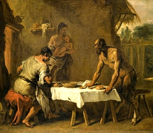 Pintura representando a f&aacute;bula o S&aacute;tiro e o campon&ecirc;s de Esopo.