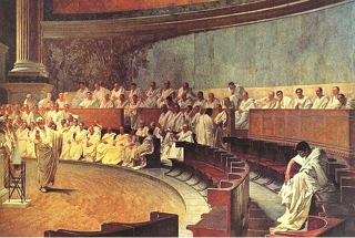 Afresco mostrando os senadores romanos vestidos de branco e o senador C&iacute;cero denunciando Catilina