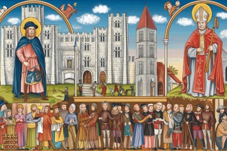 Ilustração mostrando um bispo e um senhor feudal como poderes políticos principais na Europa Medieval