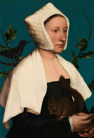 Pintura mostrando uma mulher segurando um esquilo