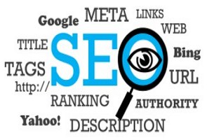 Ilustra&ccedil;&atilde;o com uma lupa, um olho e v&aacute;rias palavras relacionadas ao SEO