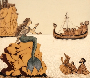 Ilustração mostrando uma sereia cantando e atraindo os marinheiros gregos