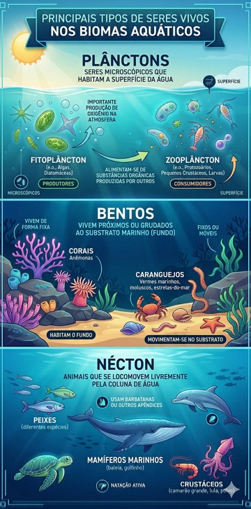 Infogr&aacute;fico mostrando os Tipos de seres dos Biomas Aqu&aacute;ticos