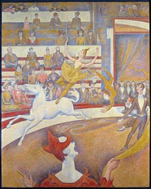 Pintura mostrando um circo com uma mulher se equilibranco num cavalo branco