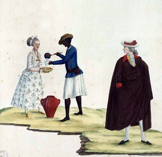 Duas mulheres brancas e um negro, integrantes da sociedade mineradora no Brasil Colonial