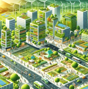 Ilustra&ccedil;&atilde;o mostrando pr&eacute;dios e ruas com muito verde e gera&ccedil;&atilde;o de energia e&oacute;lica