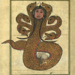 Pintura representando o monstro mitol&oacute;gico fen&iacute;cio chamado Tannin. Ele possui rosto humano num corpo de serpente com v&aacute;rias cabe&ccedil;as.