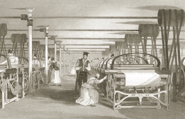 Imagem de uma tecelagem inglesa na Primeira Revolu&ccedil;&atilde;o Industrial