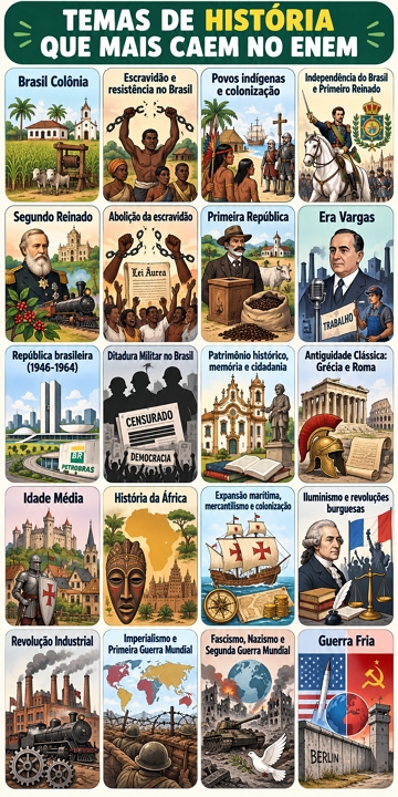 Quadro resumido mostrando os principais temas de Hist&oacute;ria que mais caem no ENEM.