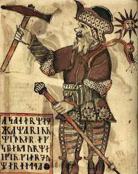 Thor, deus da mitologia nórdica seguranto seu martelo