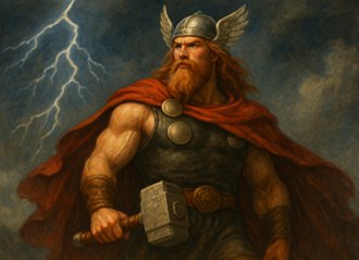 Ilustra&ccedil;&atilde;o mostrando o deus n&oacute;rdico Thor com seu martelo