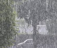 Imagem de chuva numa rua com árvores e um carro