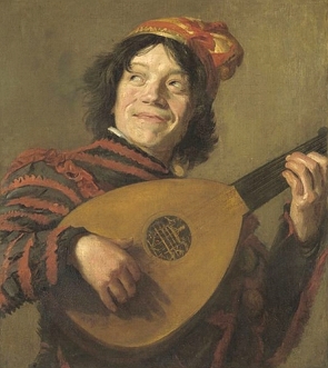 Pintura de um homem tocando um instrumento musical de cordas parecido com um violão