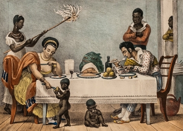 Escravos negros servindo uma fam&iacute;lia de brancos no Brasil Colonial