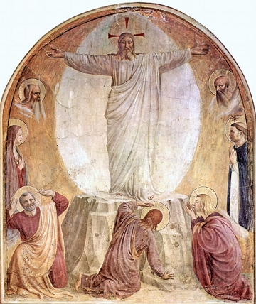 Pintura mostrando Jesus de bra&ccedil;os abertos e imagens pequenas de santos olhando para ele.