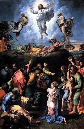 Pintura mostrando Jesus Cristo subindo aos c&eacute;us com v&aacute;rias pessoas olhando para ele
