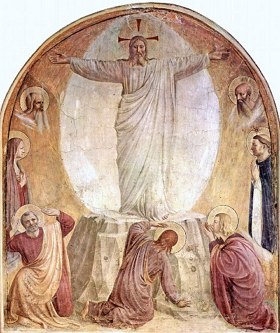 Pintura mostrando Jesus de braços abertos e imagens pequenas de santos olhando para ele.