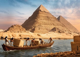 Ilustra&ccedil;&atilde;o mostrando o transporte de blocos de pedra, pelo rio Nilo, para a constru&ccedil;&atilde;o das pir&acirc;mides.