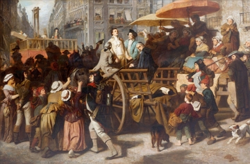 Pintura colorida mostrando pessoas numa carro&ccedil;a cercadas por muitas outras pessoas.