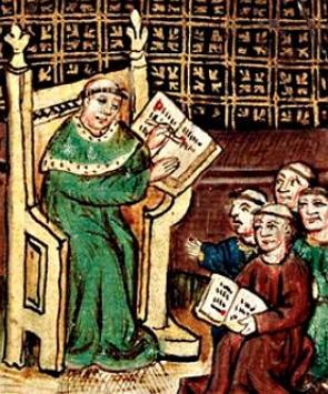 Pintura medieval retratando uma aula numa Universidade da Idade M&eacute;dia