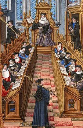 Imagem medieval de uma reunião na Universidade de Paris