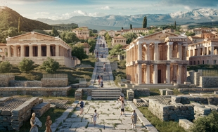 Ilustração mostrando ruas e construções da Grécia Antiga