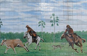Pintura em azulejos mostrando uma vaquejada