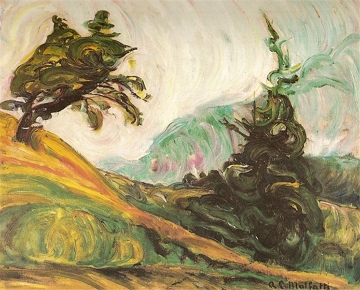 Pintura mostrando duas &aacute;rvores numa ventania