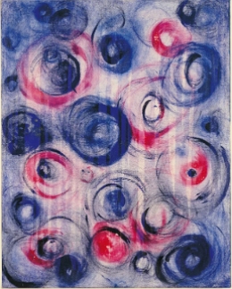 Pintura com formas circulares em azul e rosa