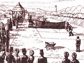 Ilustra&ccedil;&atilde;o antiga mostrando jogadores de t&ecirc;nis e pessoas assistindo