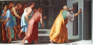 Pintura mostrando Zen&atilde;o de Eleia diante de duas portas